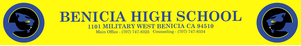 Benicia High School, 1101 Military West Benicia CA 94510, Mail Office - (707) 747-8325 Counceling - (707) 747-8334